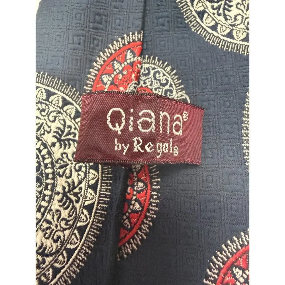 Vintage Medallion Print Wide Tie Navy Red Cream Qiana by Regal Nylon